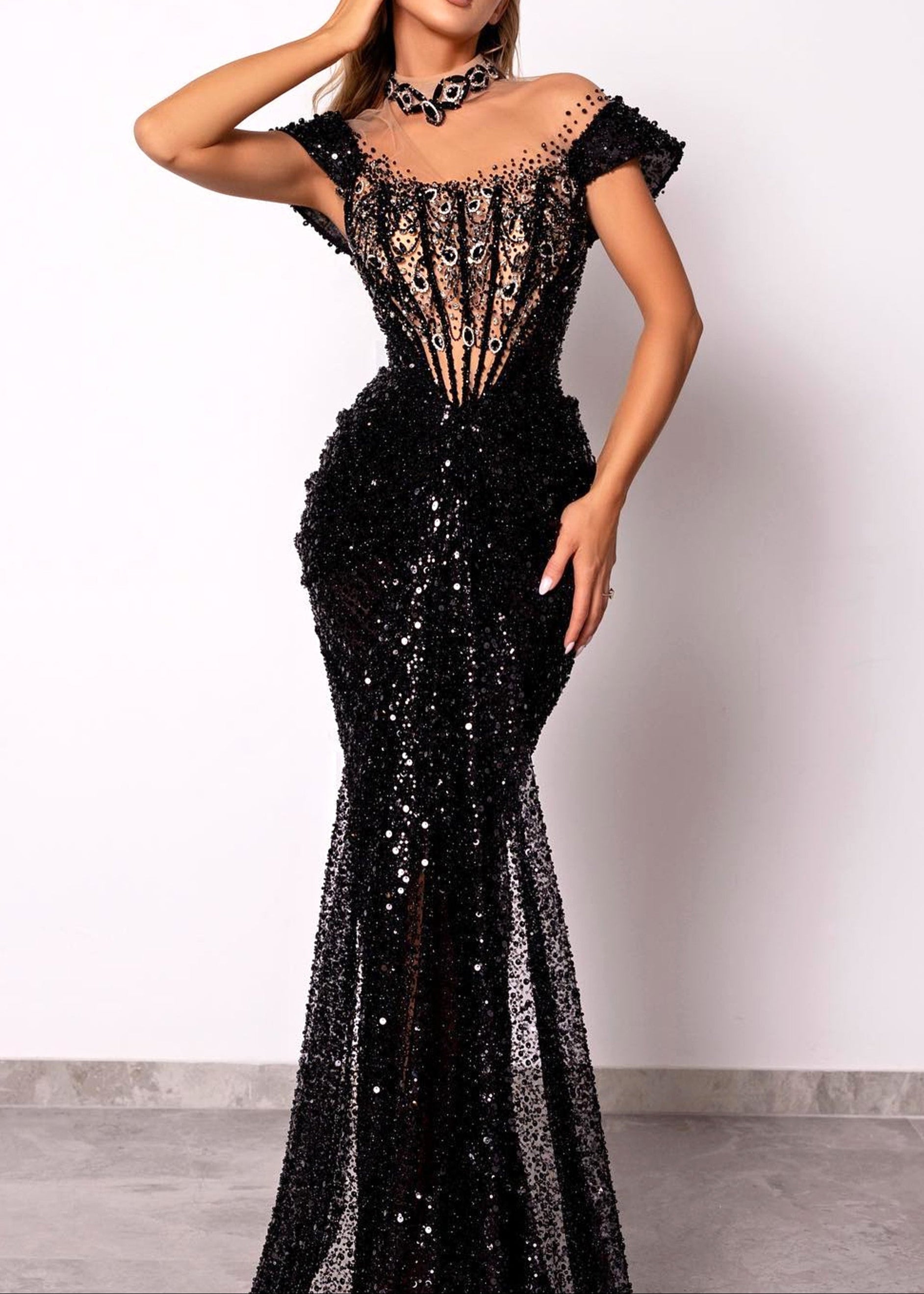 Kaldrex Short Sleeve Sequin Structured Maxi Dress In Black – Night Novas