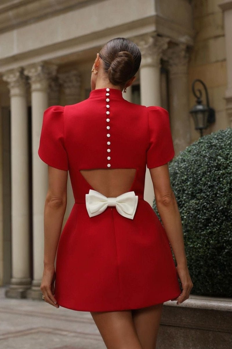 Esaac Back Cutout Bowknot Red Mini Dress