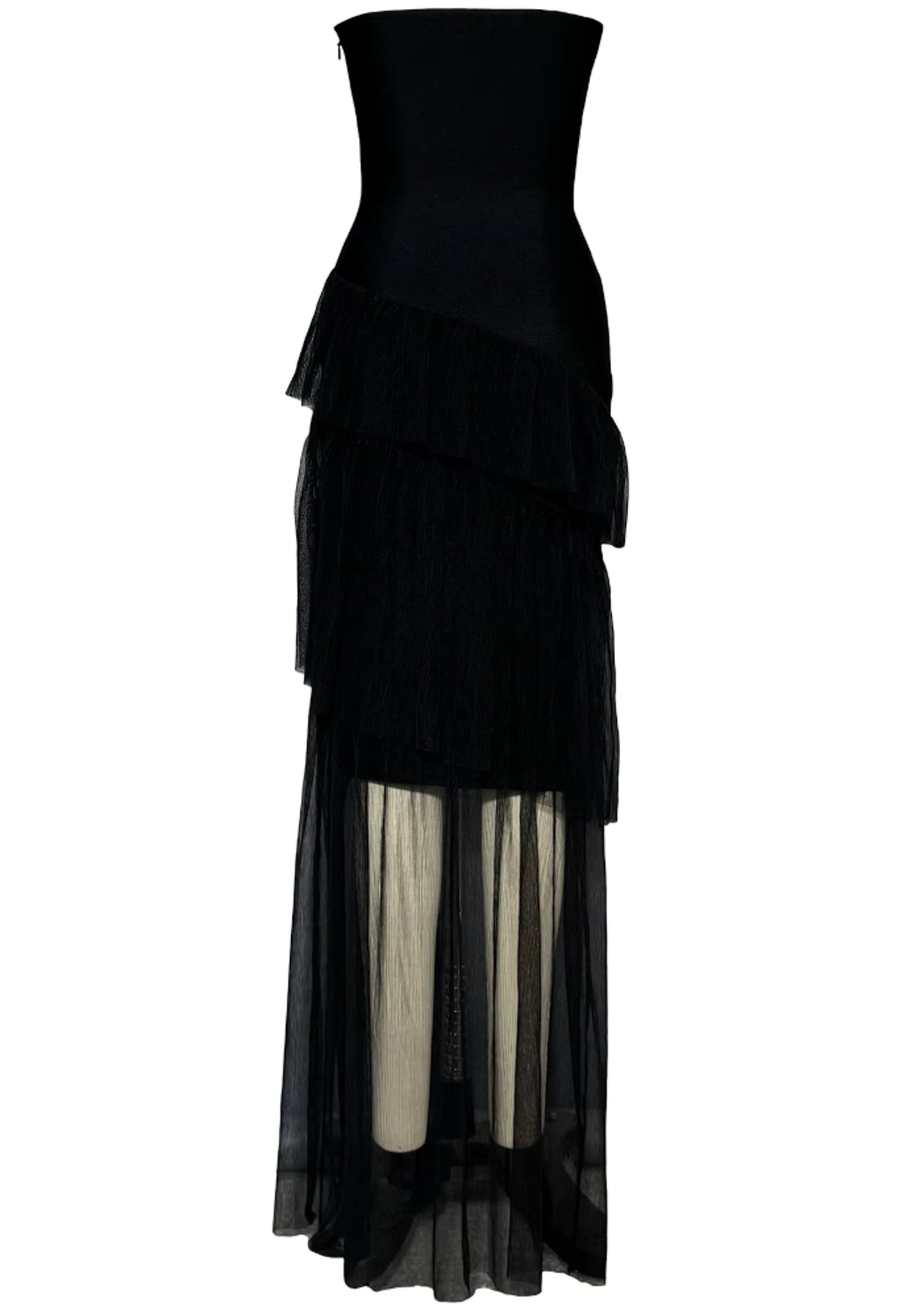 Syvanna Strapless Crystal Ruffle Maxi Dress In Black
