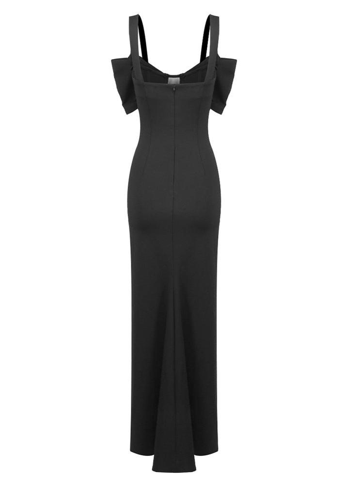 Veerle Bow Bustier Structured Mesh Maxi Dress In Black