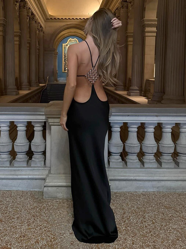 Elvina Halter Backless Maxi Dress In Black – Night Novas