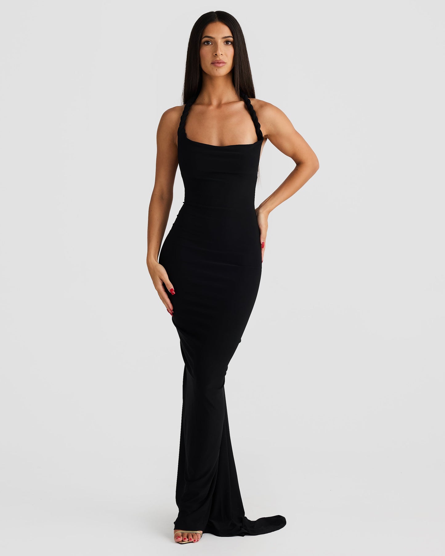 Lesya Halter Neck Pleated Backless Maxi Dress In Black