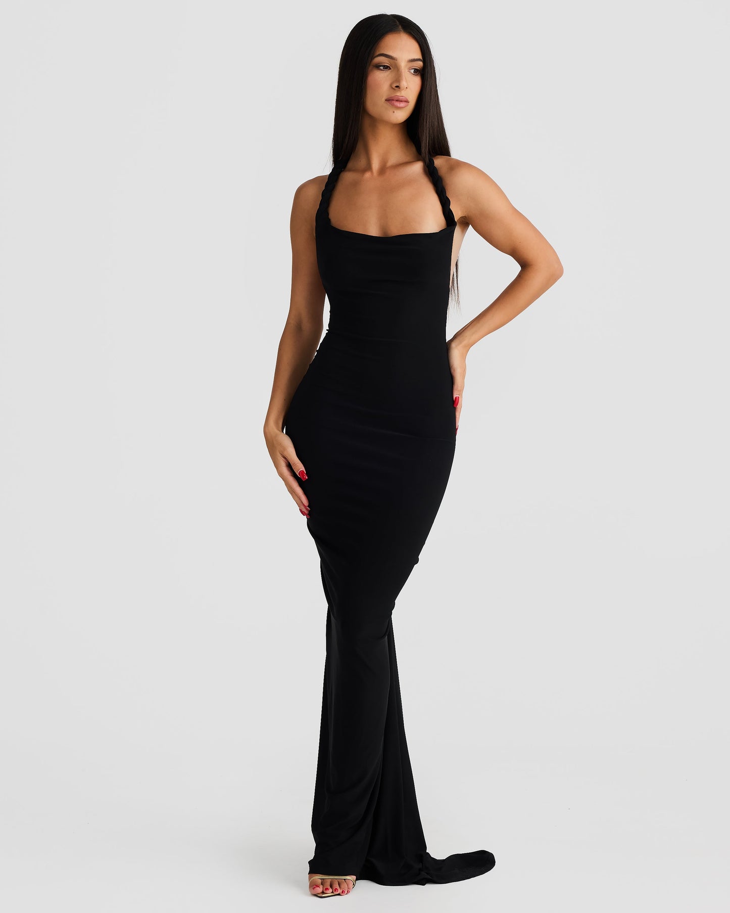 Lesya Halter Neck Pleated Backless Maxi Dress In Black