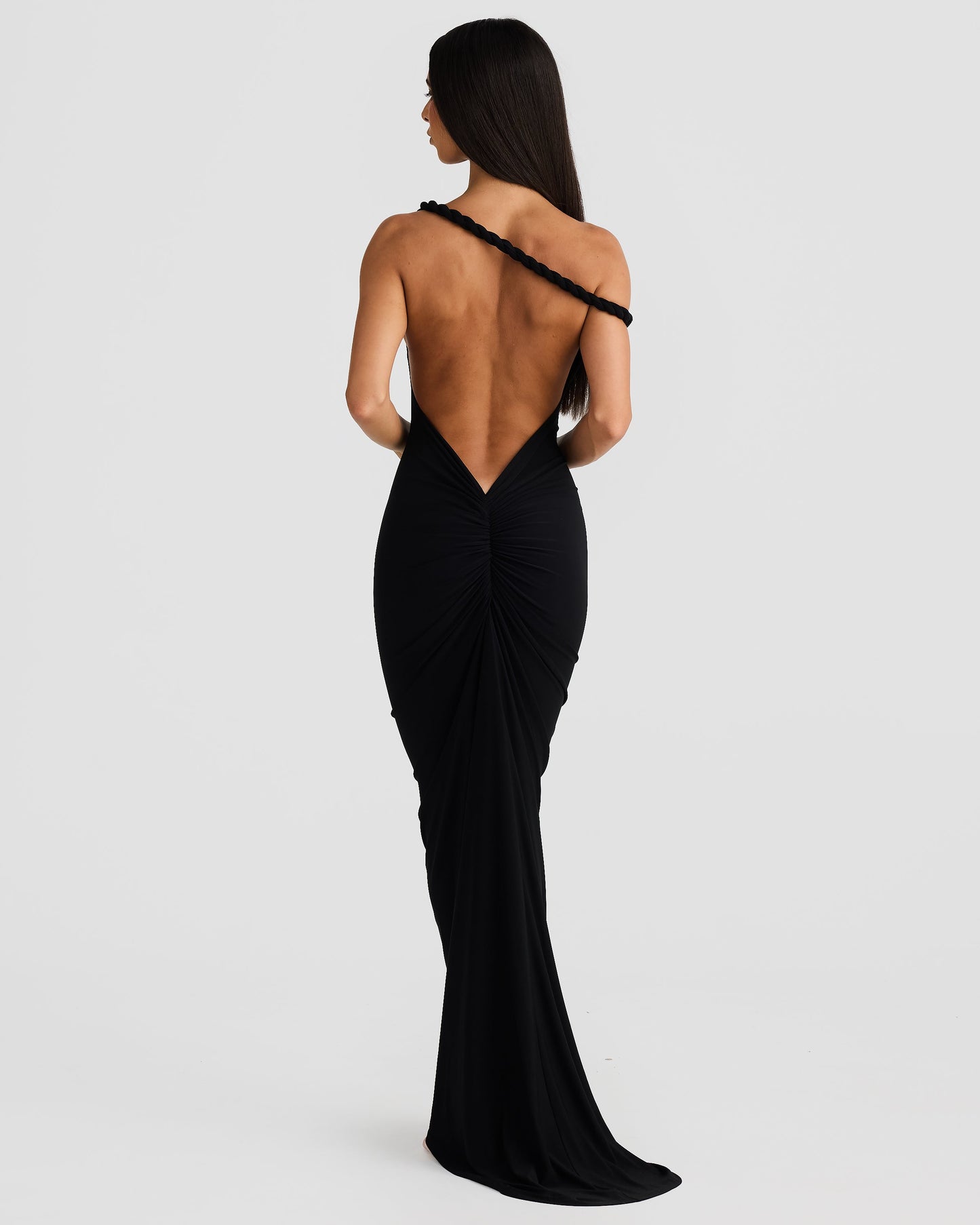 Lesya Halter Neck Pleated Backless Maxi Dress In Black