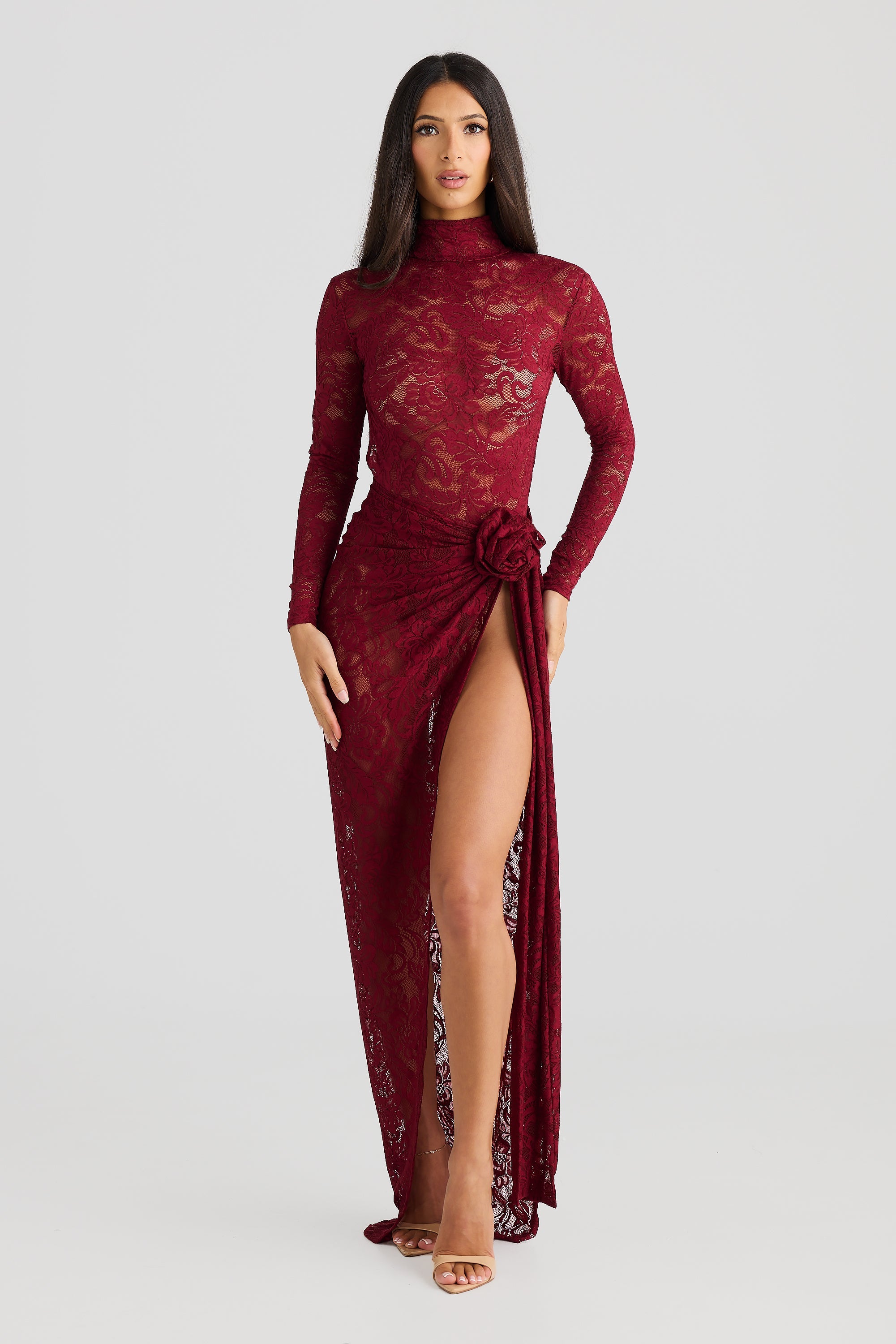 Albane Lace Backless Bodysuit Long Dress Two Piece Set S / Wine Red Albane Lace Backless Bodysuit Long Dress Two Piece Set S / Wine Red