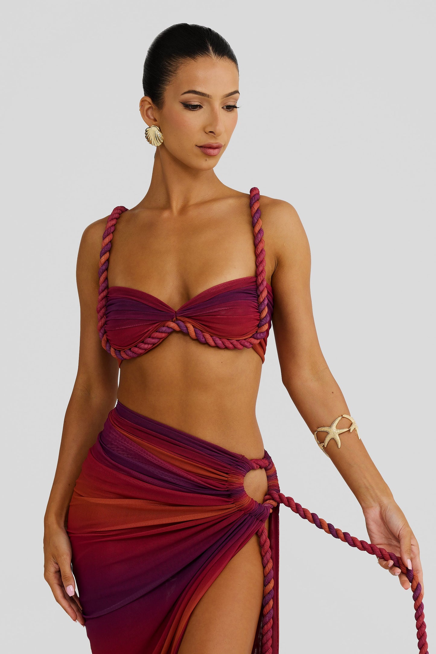 Marella Swimsuit Braided Suspender Top Slit Skirt Set In Wine Red