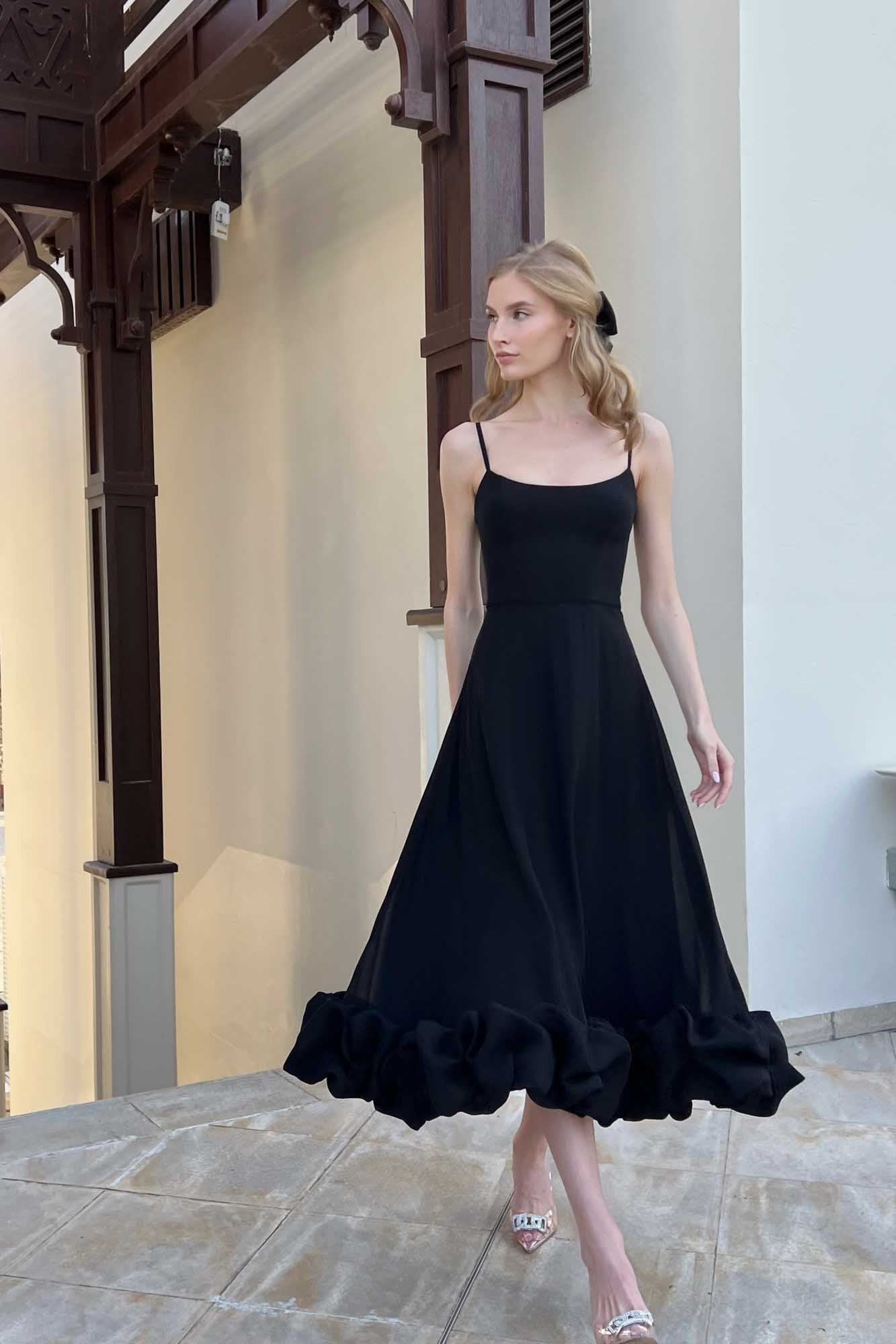 Maryam Flounce Bustier Midi Dress In Black