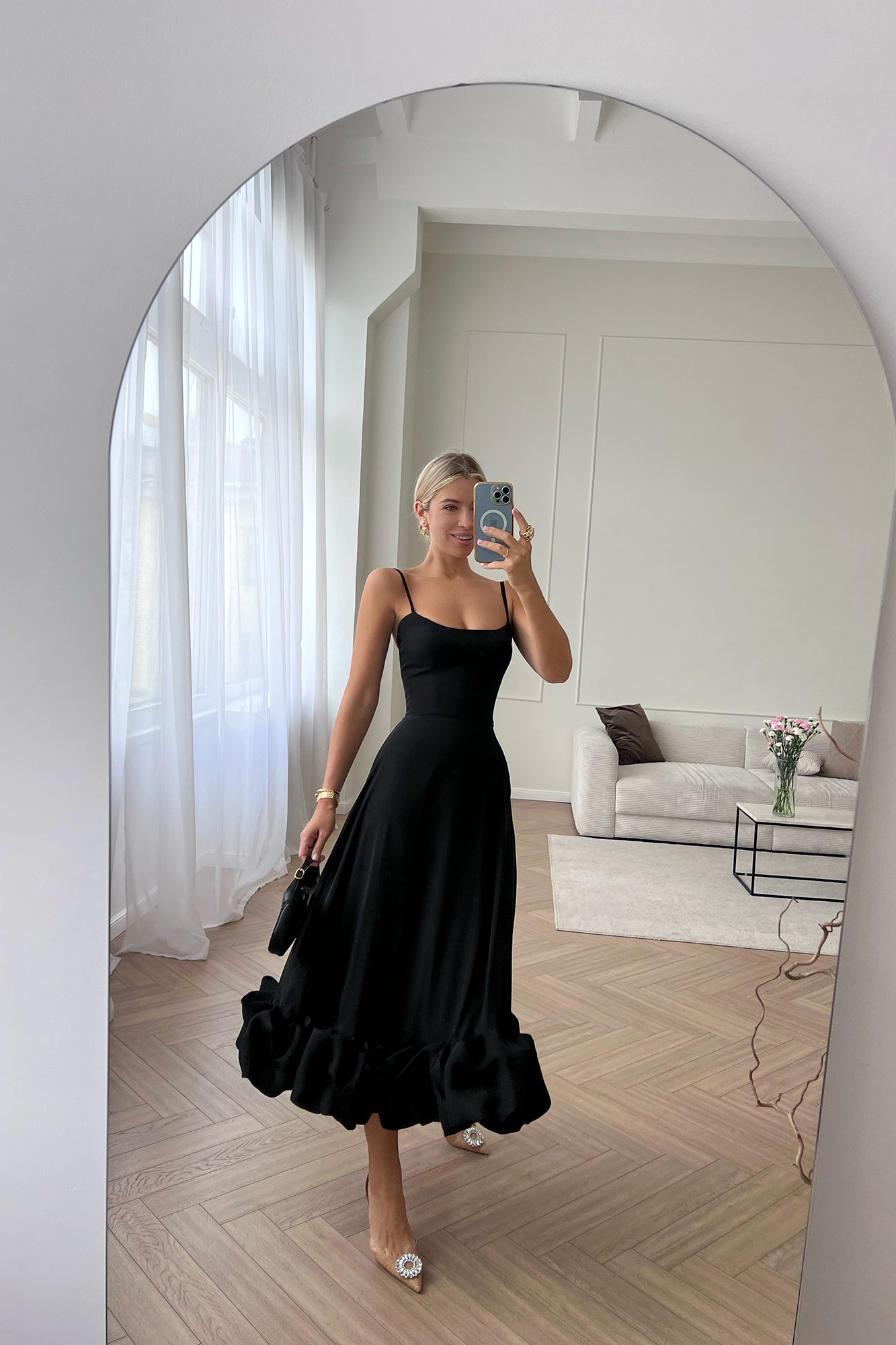 Maryam Flounce Bustier Midi Dress In Black