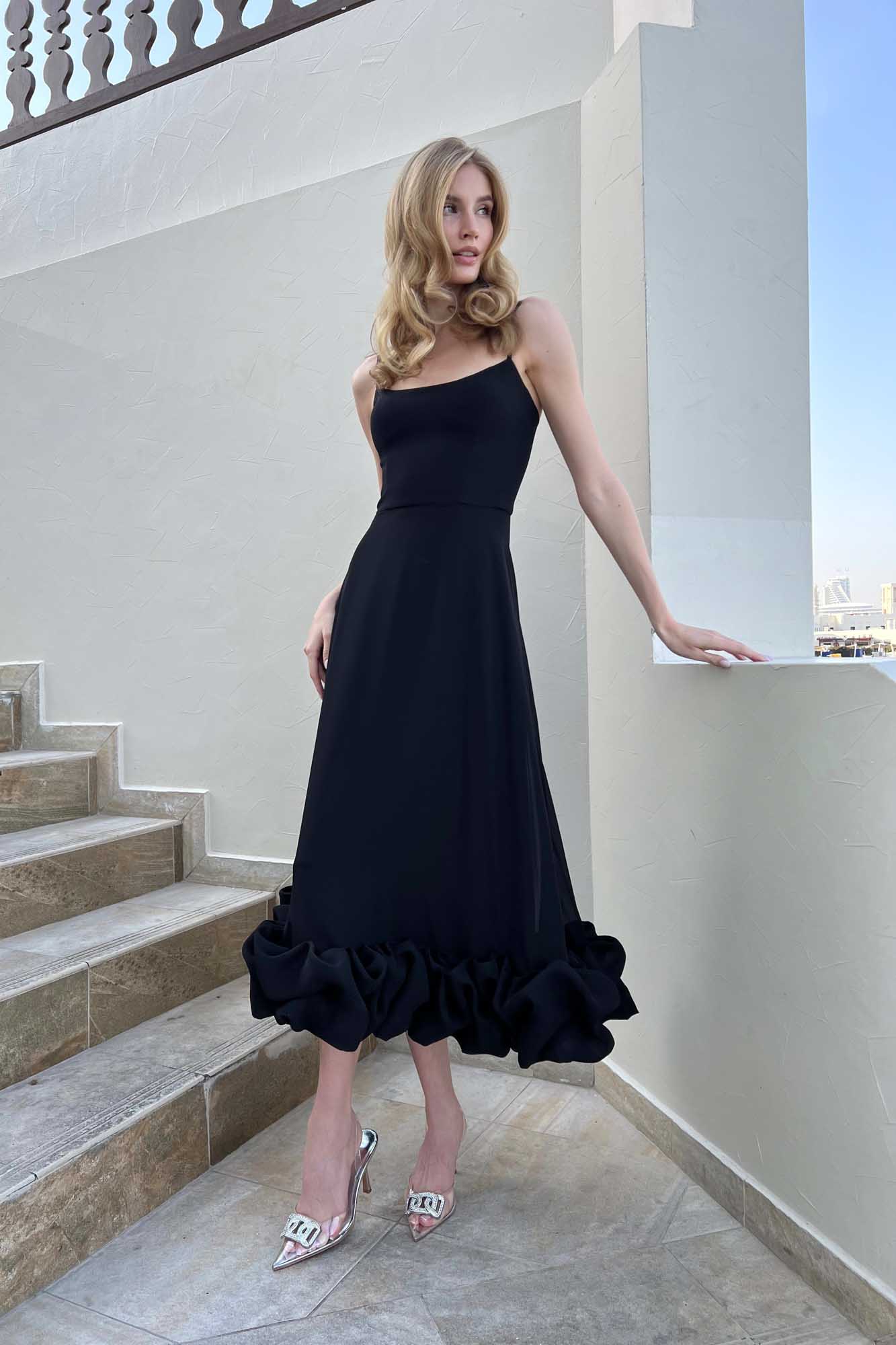 Maryam Flounce Bustier Midi Dress In Black