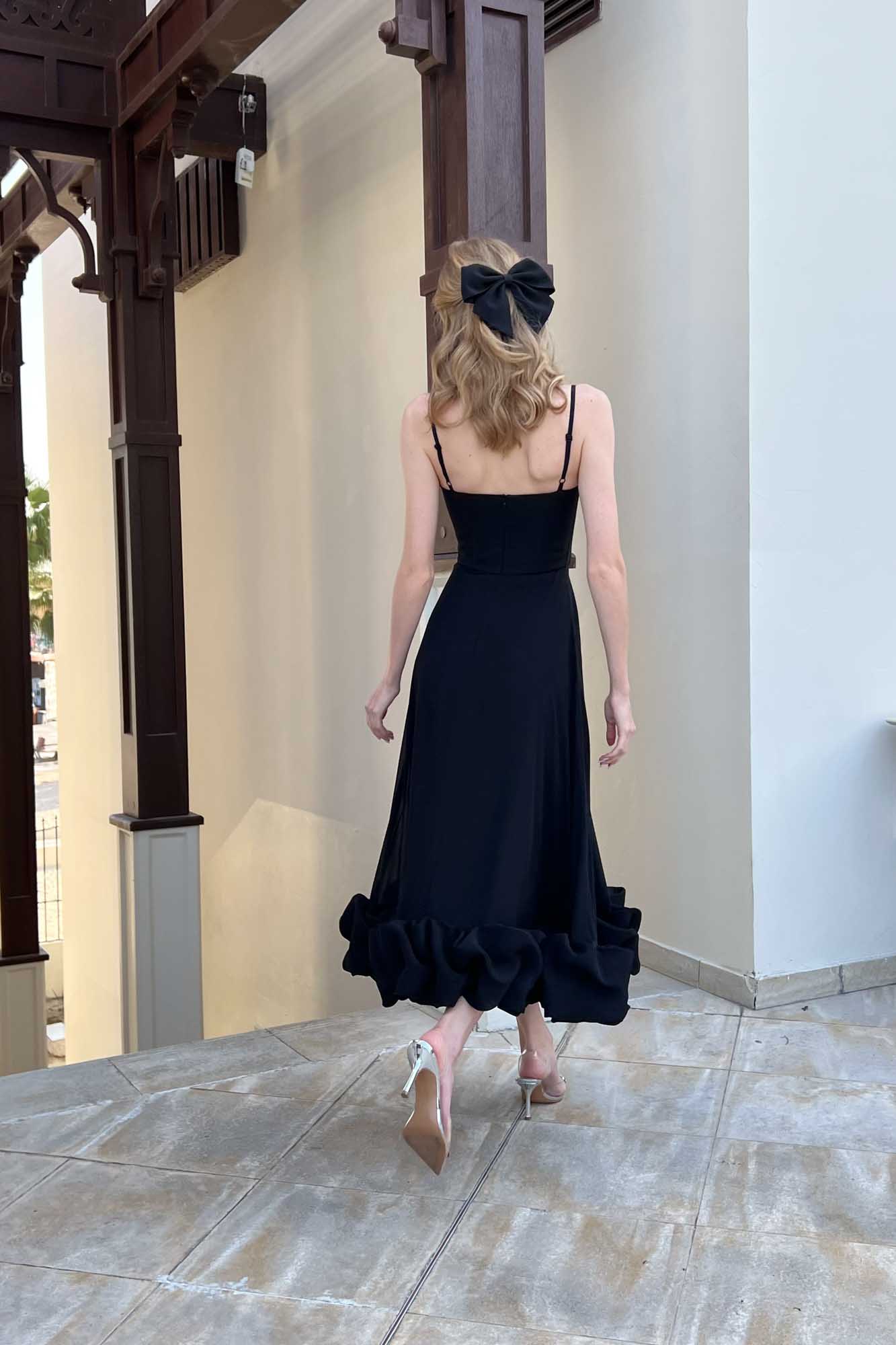 Maryam Flounce Bustier Midi Dress In Black