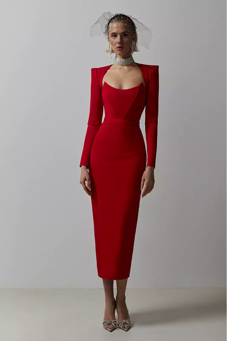 Clara Red Long Sleeve Midi Work Dress Red / M Clara Red Long Sleeve Midi Work Dress Red / M