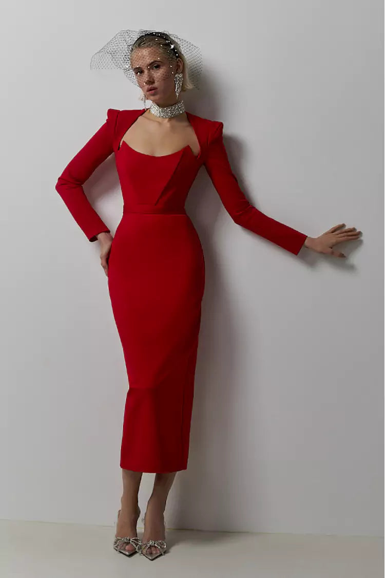 Clara Red Long Sleeve Midi Work Dress