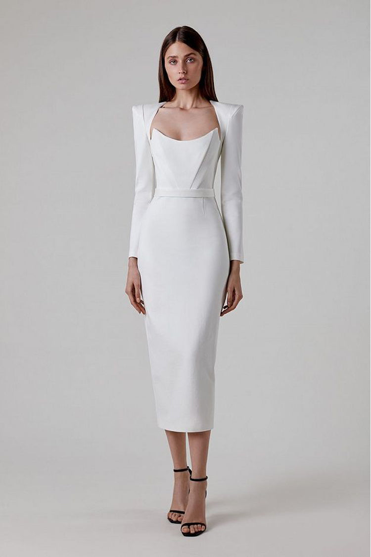midi office dress Clara White Long Sleeve Midi Work Dress White / S