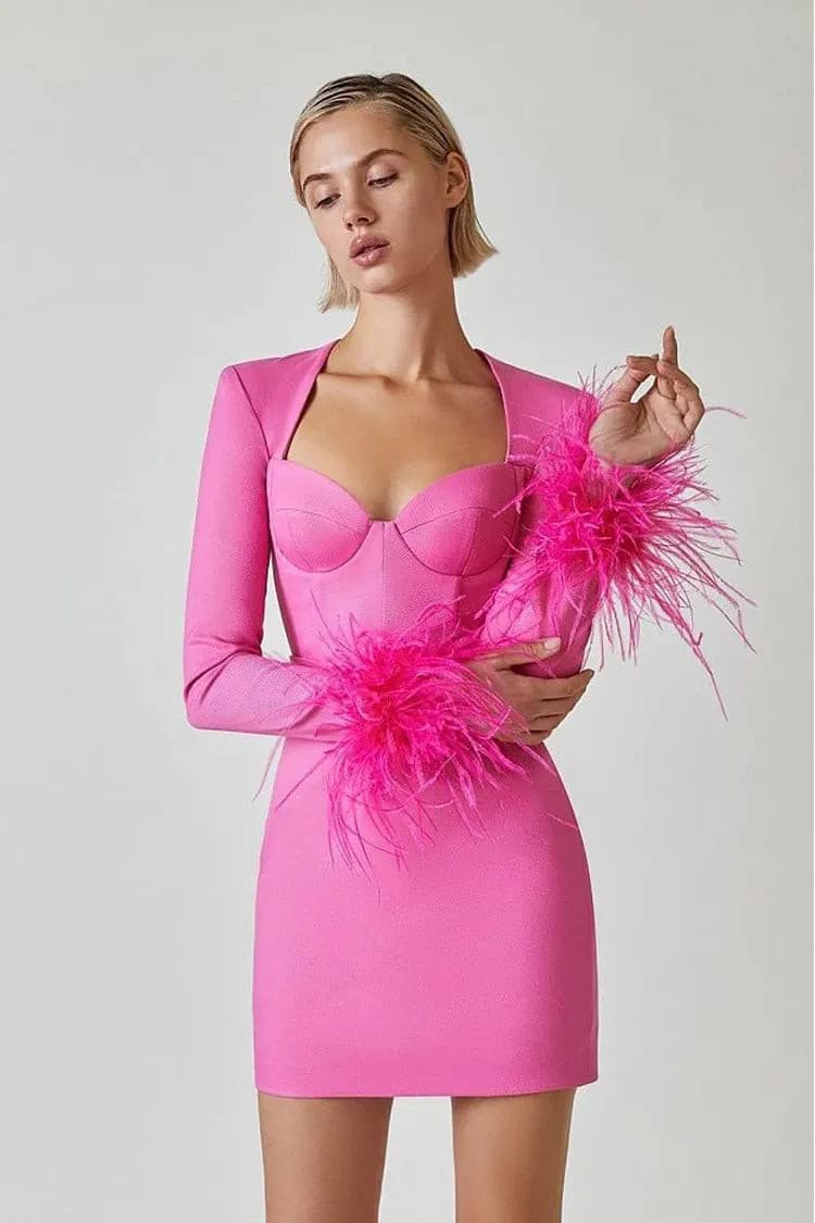 pink feather mini dress SELF-PORTRAIT Feather-trimmed crystal-embellished stretch-mesh mini dress