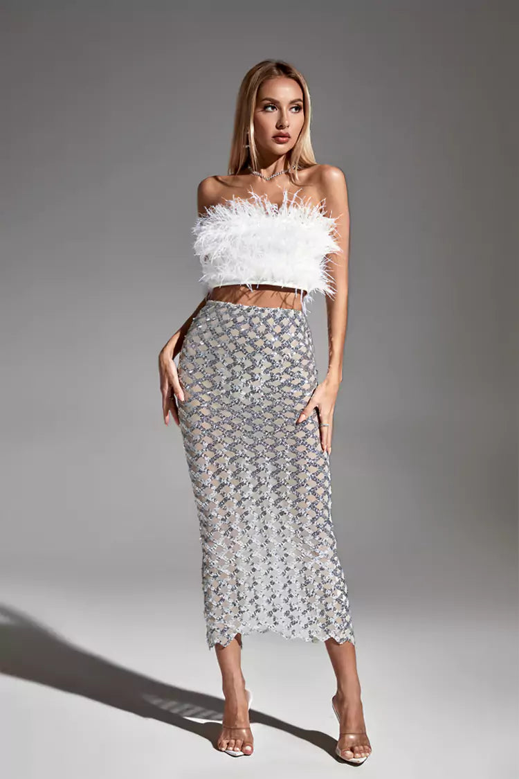Barbara Black Feather Sequin Bandage Set In White