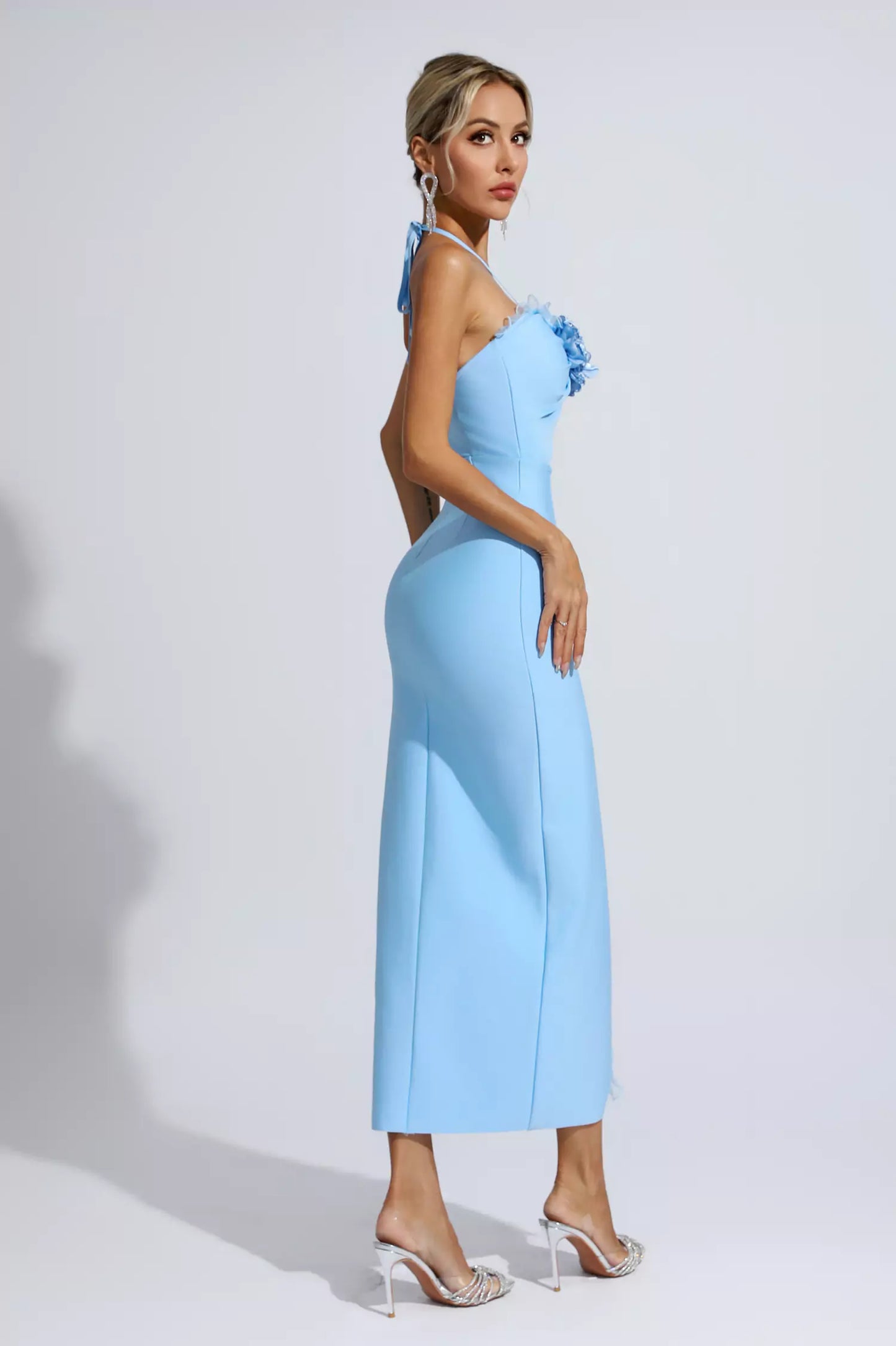 Werza Floral Embellished Slit Midi Dress In Blue