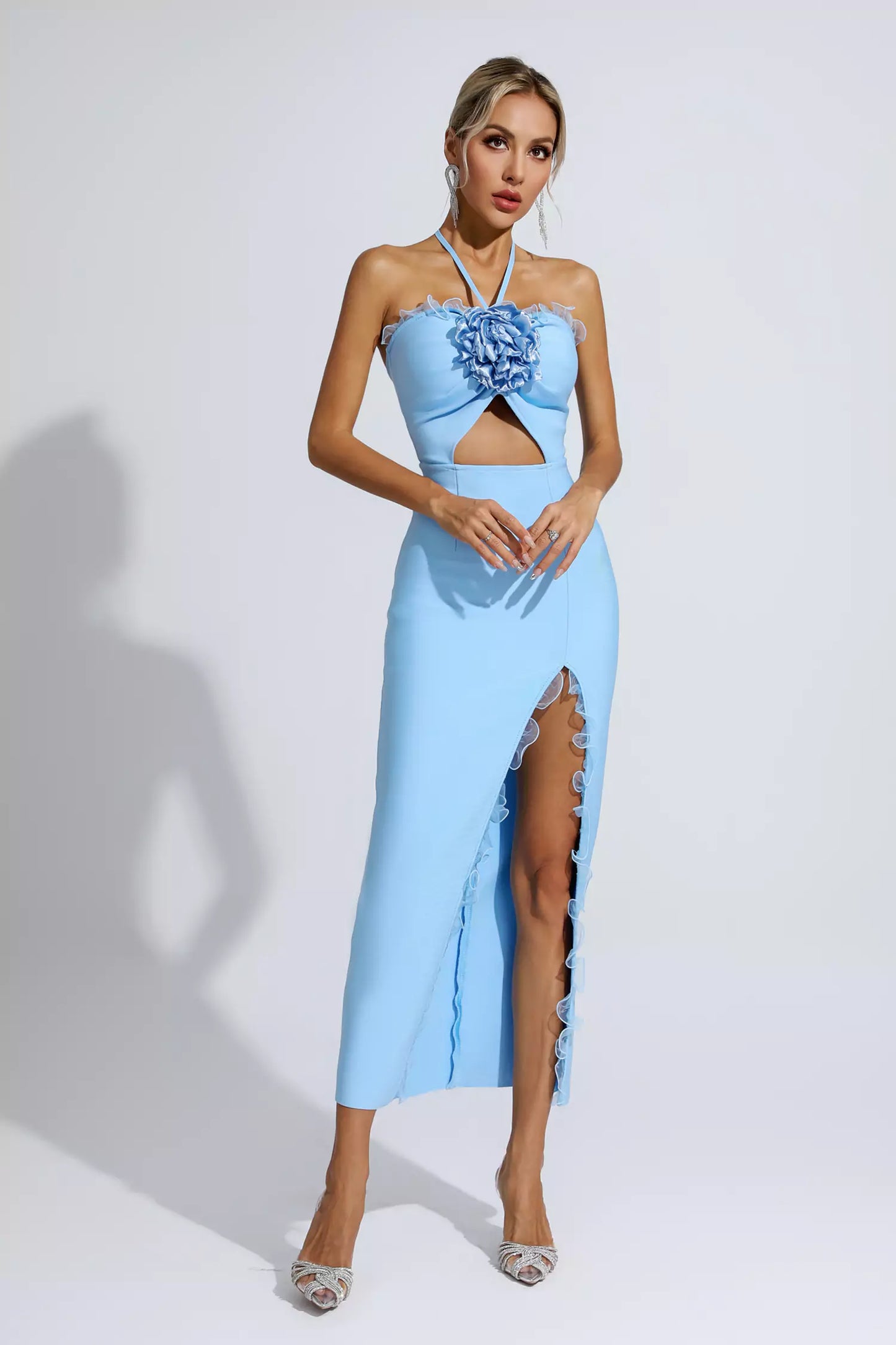 Werza Floral Embellished Slit Midi Dress In Blue