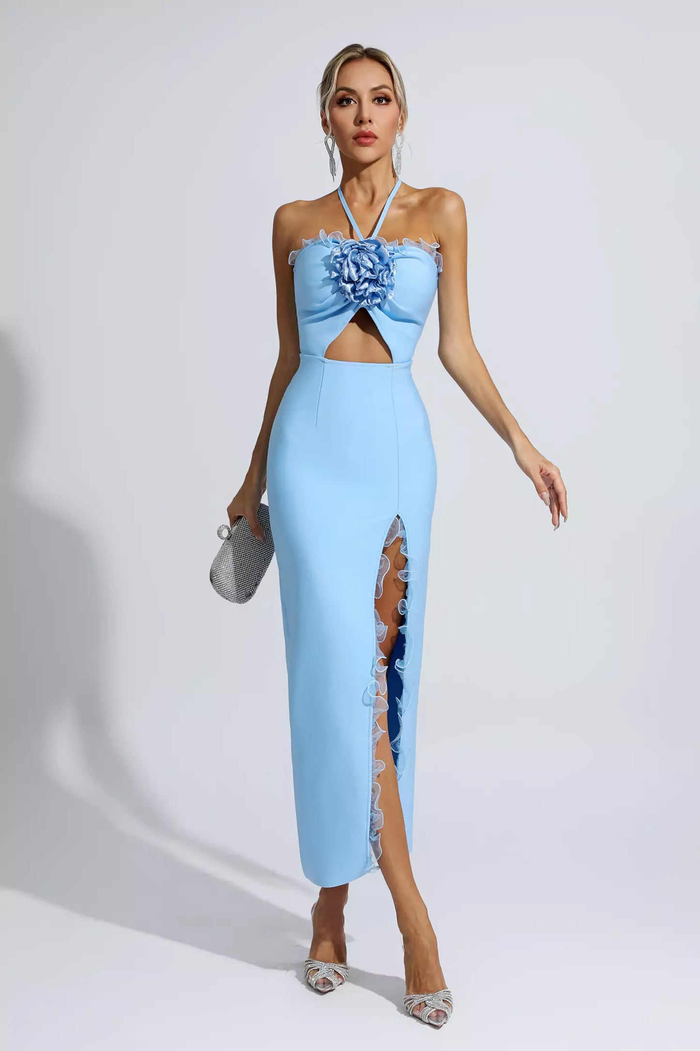 Werza Floral Embellished Slit Midi Dress In Blue