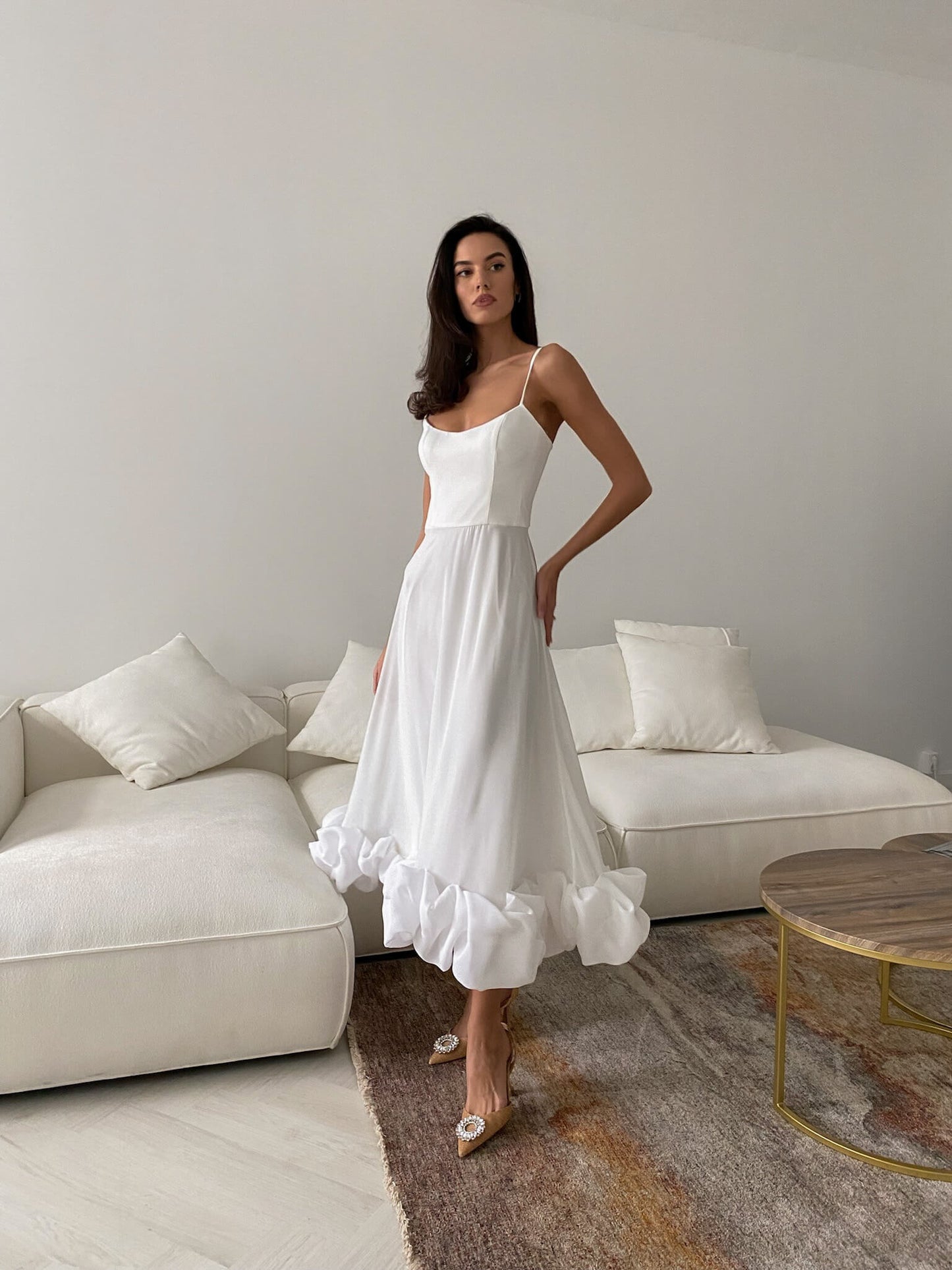 Maryam Flounce Bustier Midi Dress In Milk