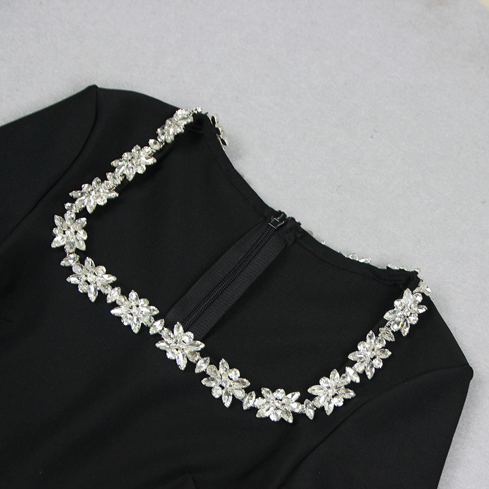 Kellie Long Sleeve Crystal Neckline Jumpsuit In Black