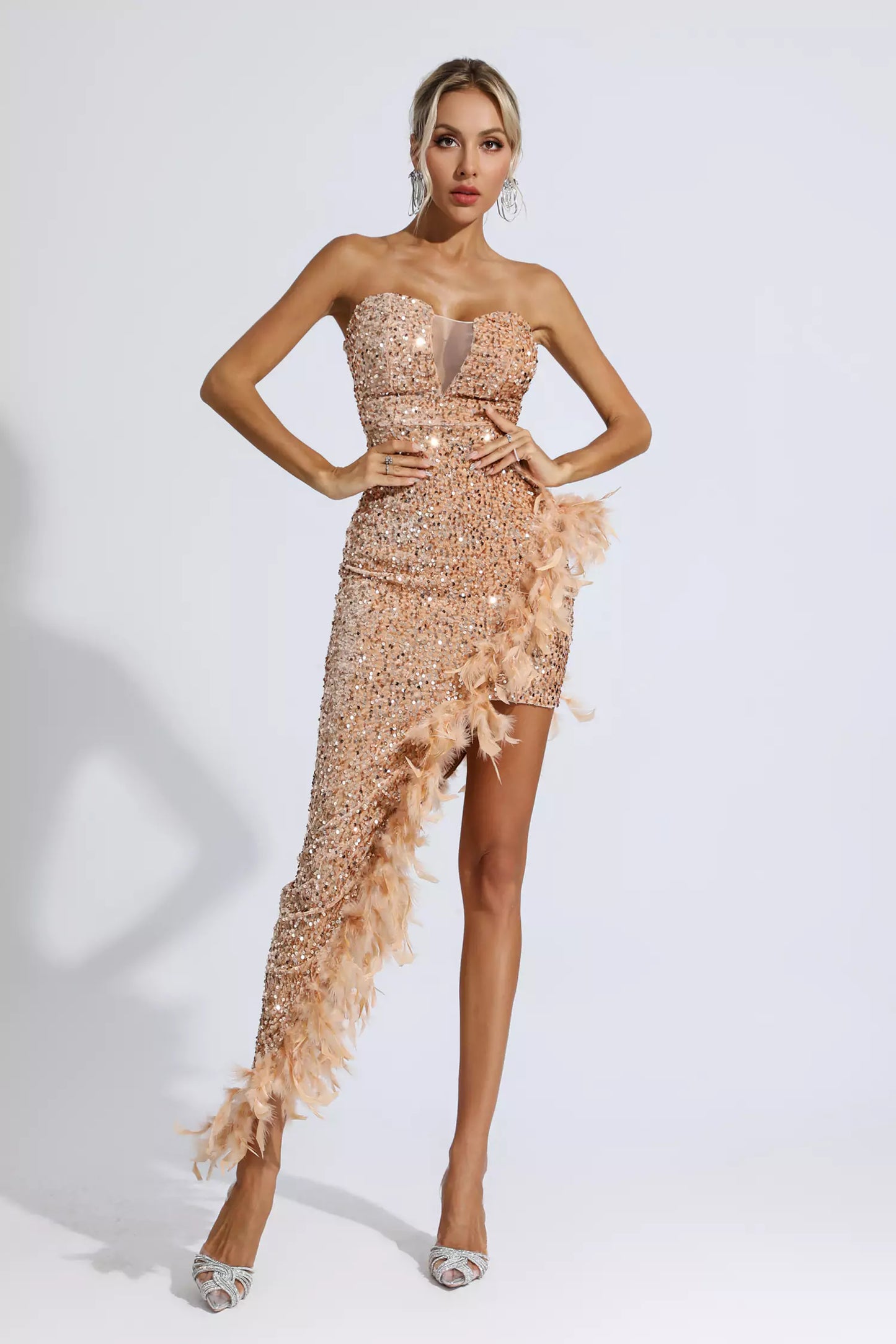 Crystal Strapless Sequin Feather Trimmed Maxi Dress In Emerald