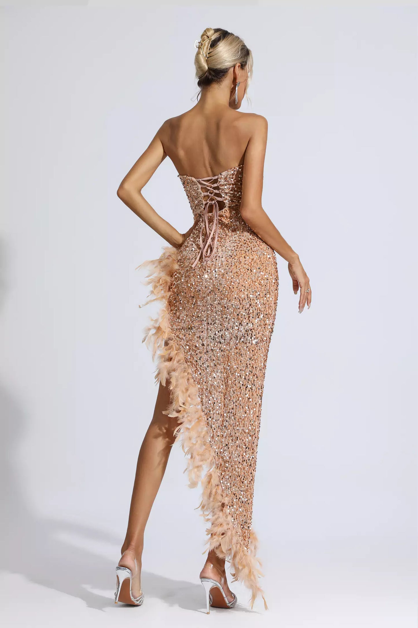 Crystal Strapless Sequin Feather Trimmed Maxi Dress In Emerald