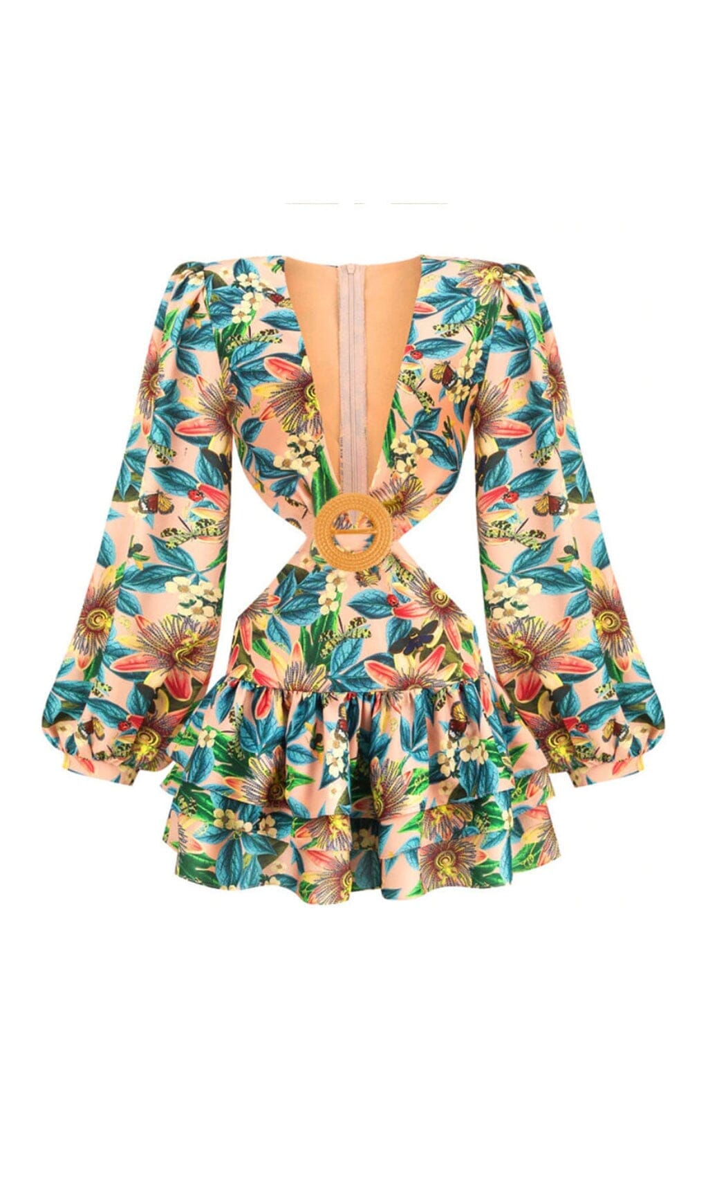 Basil Long Sleeve Cutout Mini Dress In Multicolor