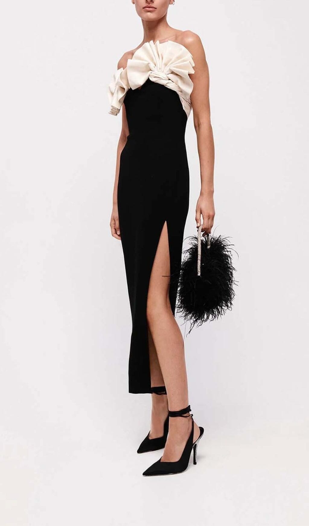 Odera Ruffled Detailing Slit Midi Dress In Black