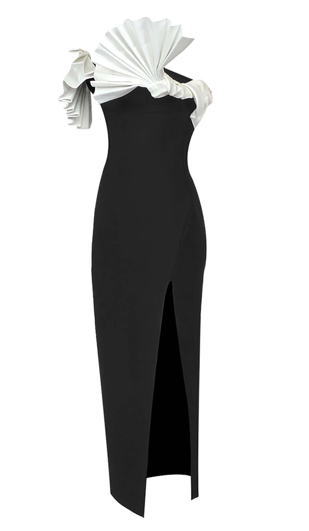 Odera Ruffled Detailing Slit Midi Dress In Black