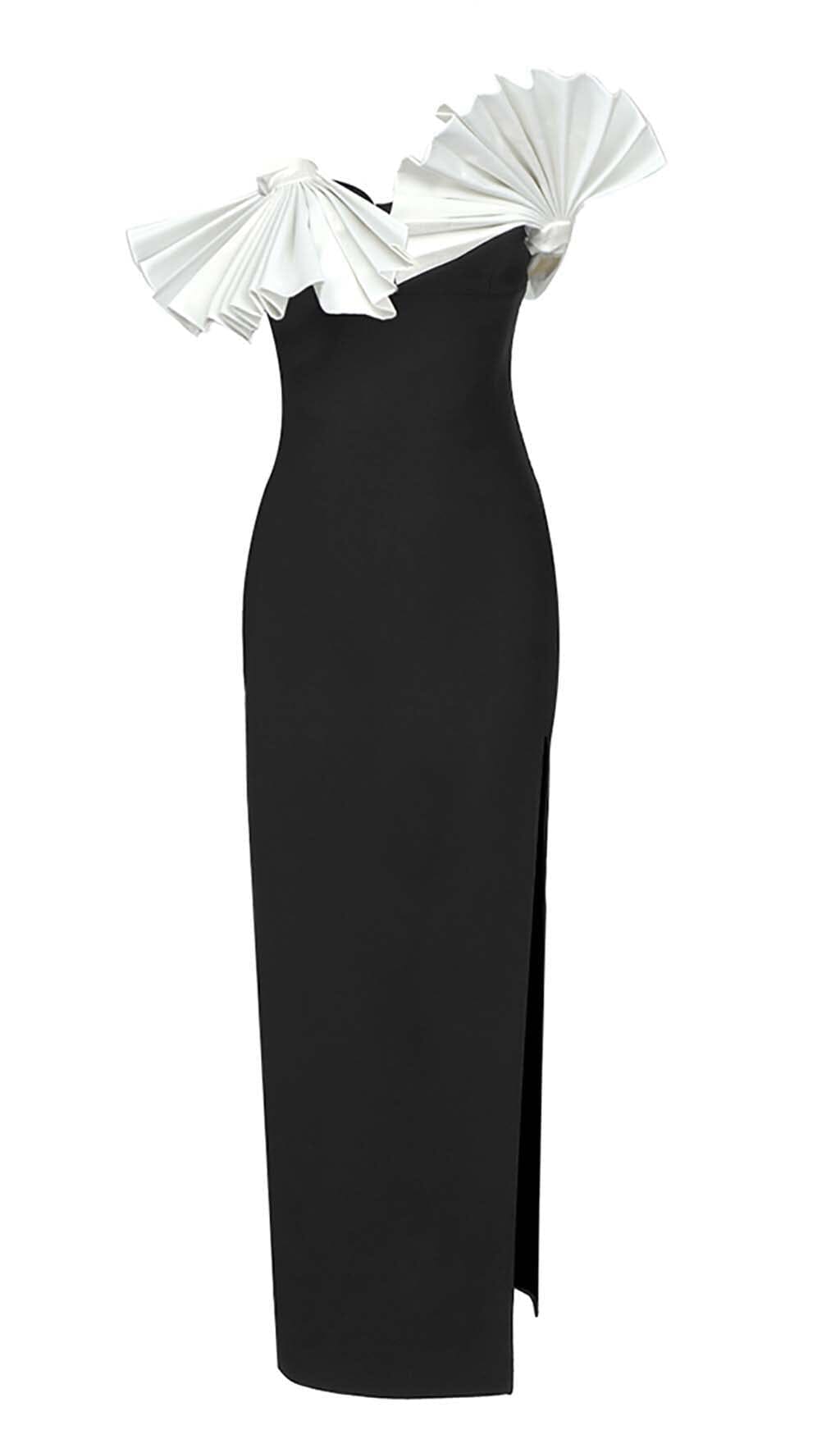 Odera Ruffled Detailing Slit Midi Dress In Black