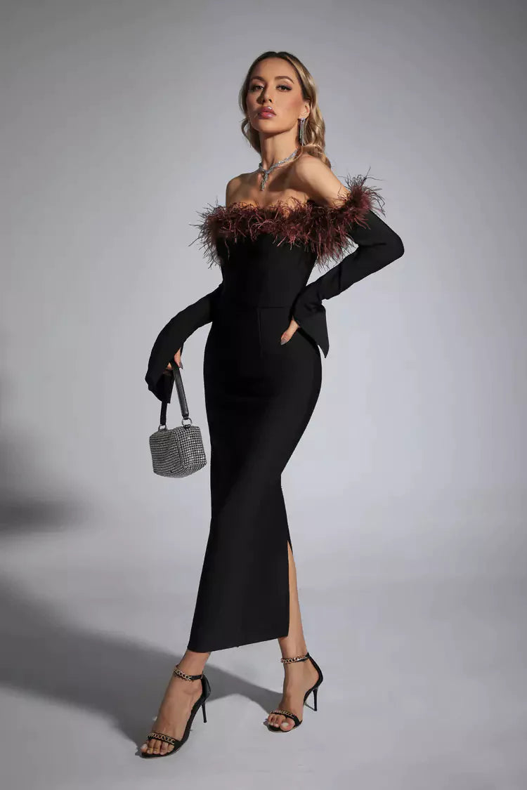 black feather dress long sleeve Petal & Pup Women's Dame Feather Trim Single Long Sleeve Midi Cocktail Dress - Black