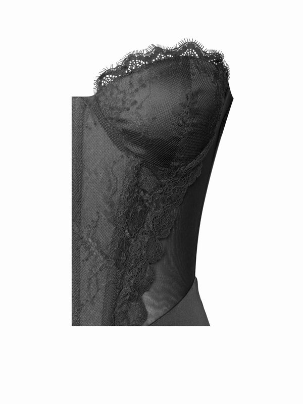 Evelyn Satin Lace Corset Maxi Dress In Black