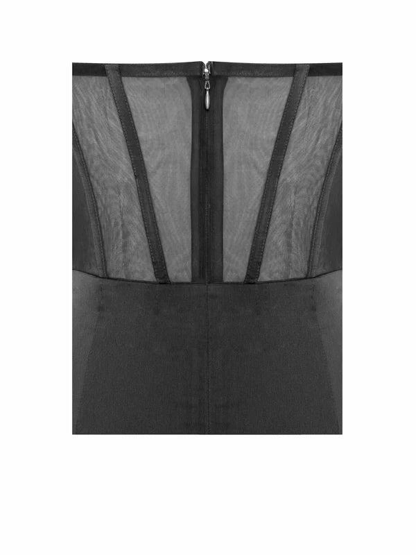 Evelyn Satin Lace Corset Maxi Dress In Black