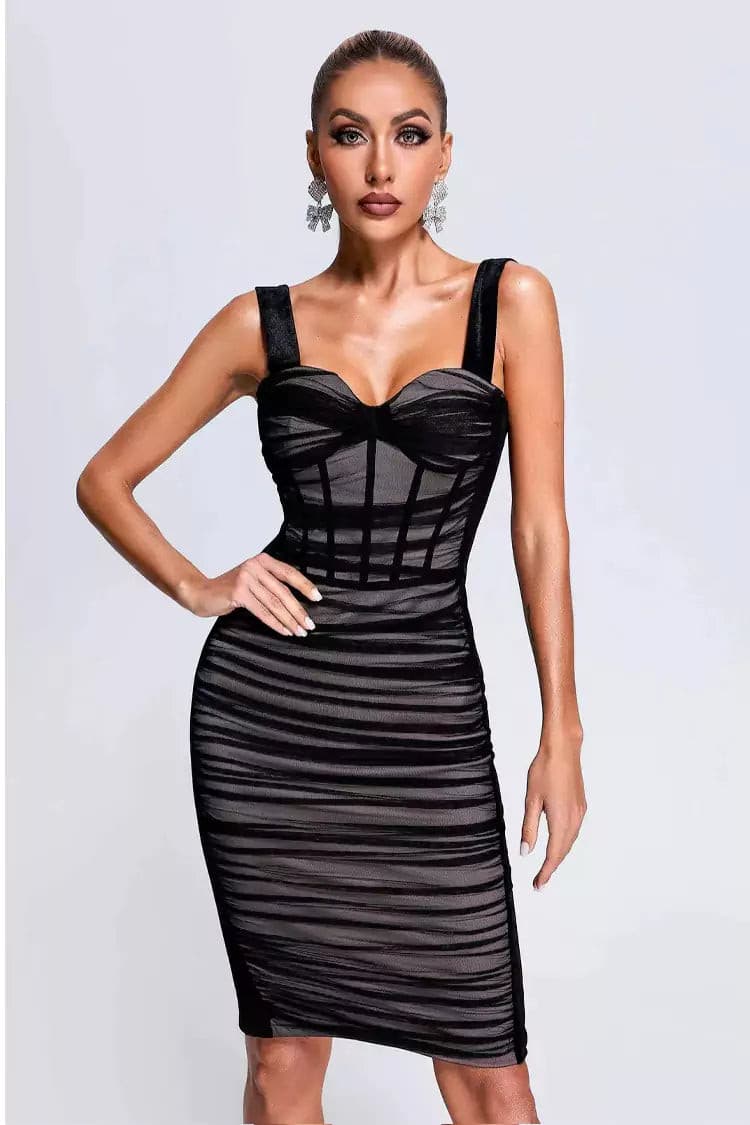 Cornelia Black Mesh Velvet Midi Dress