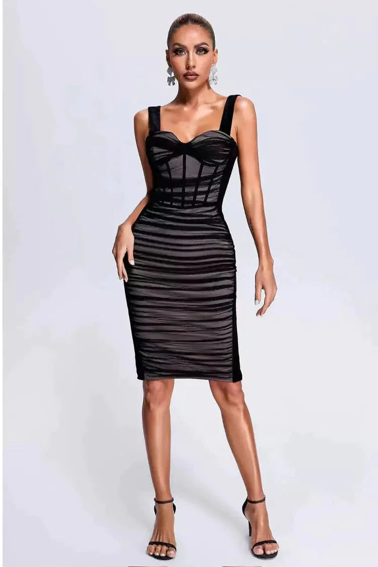 Cornelia Black Mesh Velvet Midi Dress