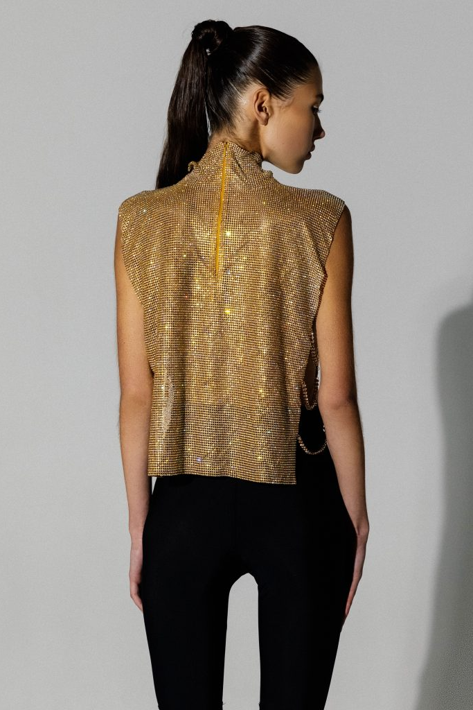 Nava Split Chain Chainmail Top In Gold