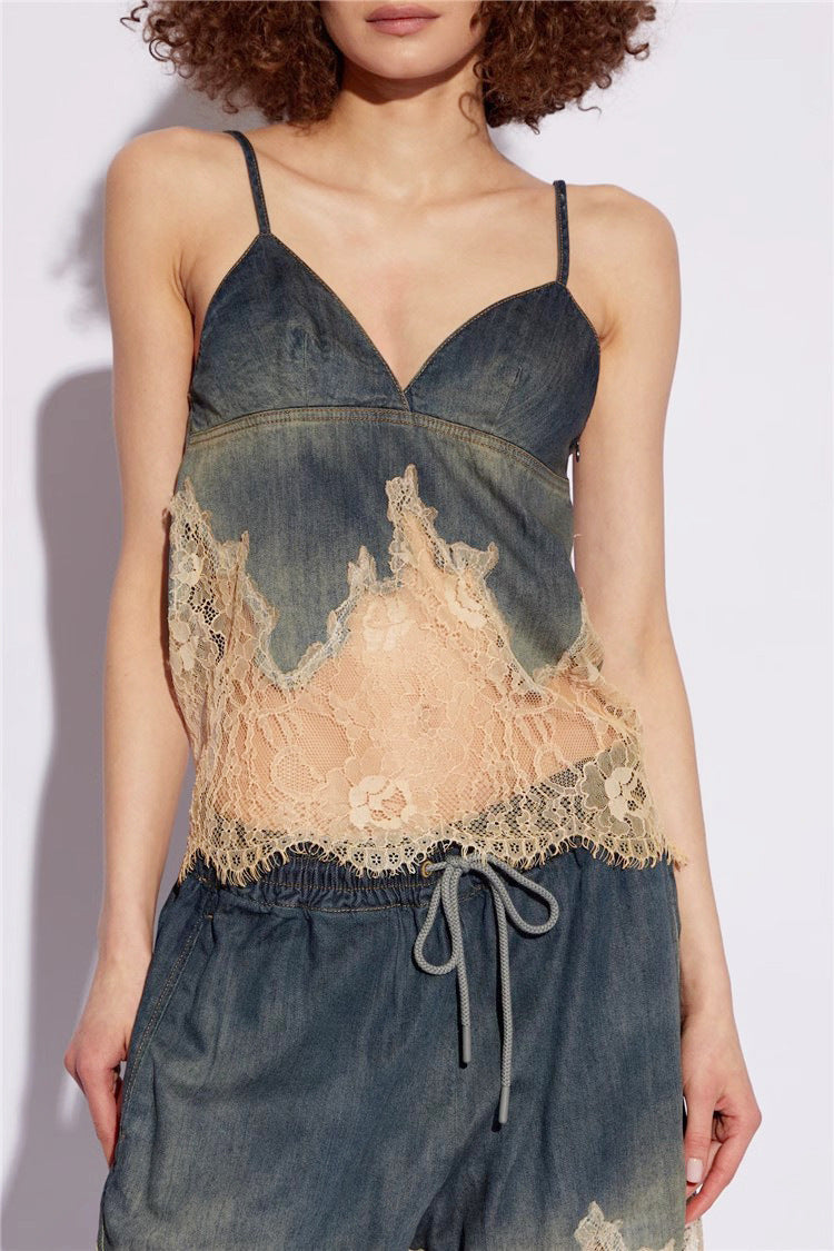 Laure Lace-Detail Denim Top & Shorts Matching Set