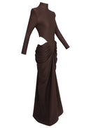 Gneissa Long Sleeve Cutout Draped Maxi Dress In Brown