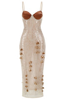 Aitland Leaf Detail Bustier Sequin Lace Maxi Dress In Brown Nude