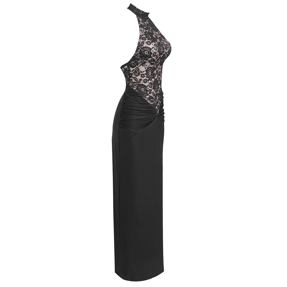 April Halter Neck Lace Bodycon Maxi Dress In Black