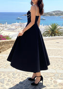 Ashur Pearl Detail A Line Midi Dress In Black