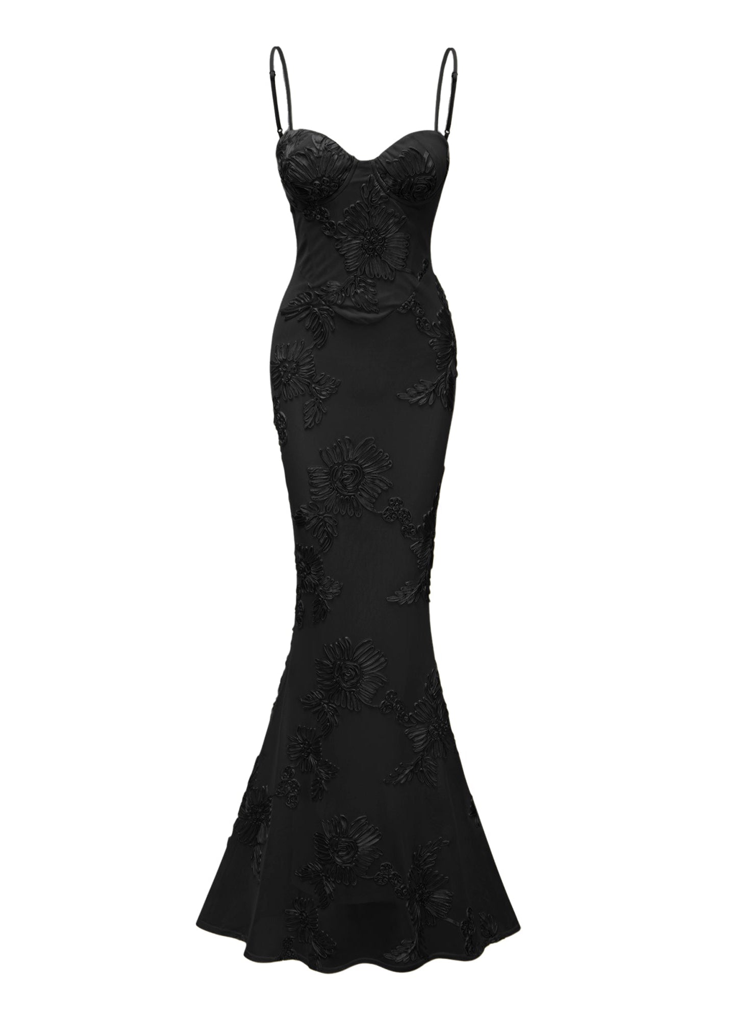 Dichen Black Floral Appliqué Corset Maxi Dress