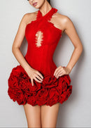 Fexira Halterneck Flower Bandage Mini Dress In Red