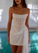 Ozvara Strapless Pearl Draped Corset Dress In White