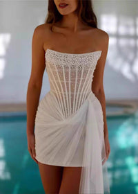 Ozvara Strapless Pearl Draped Corset Dress In White