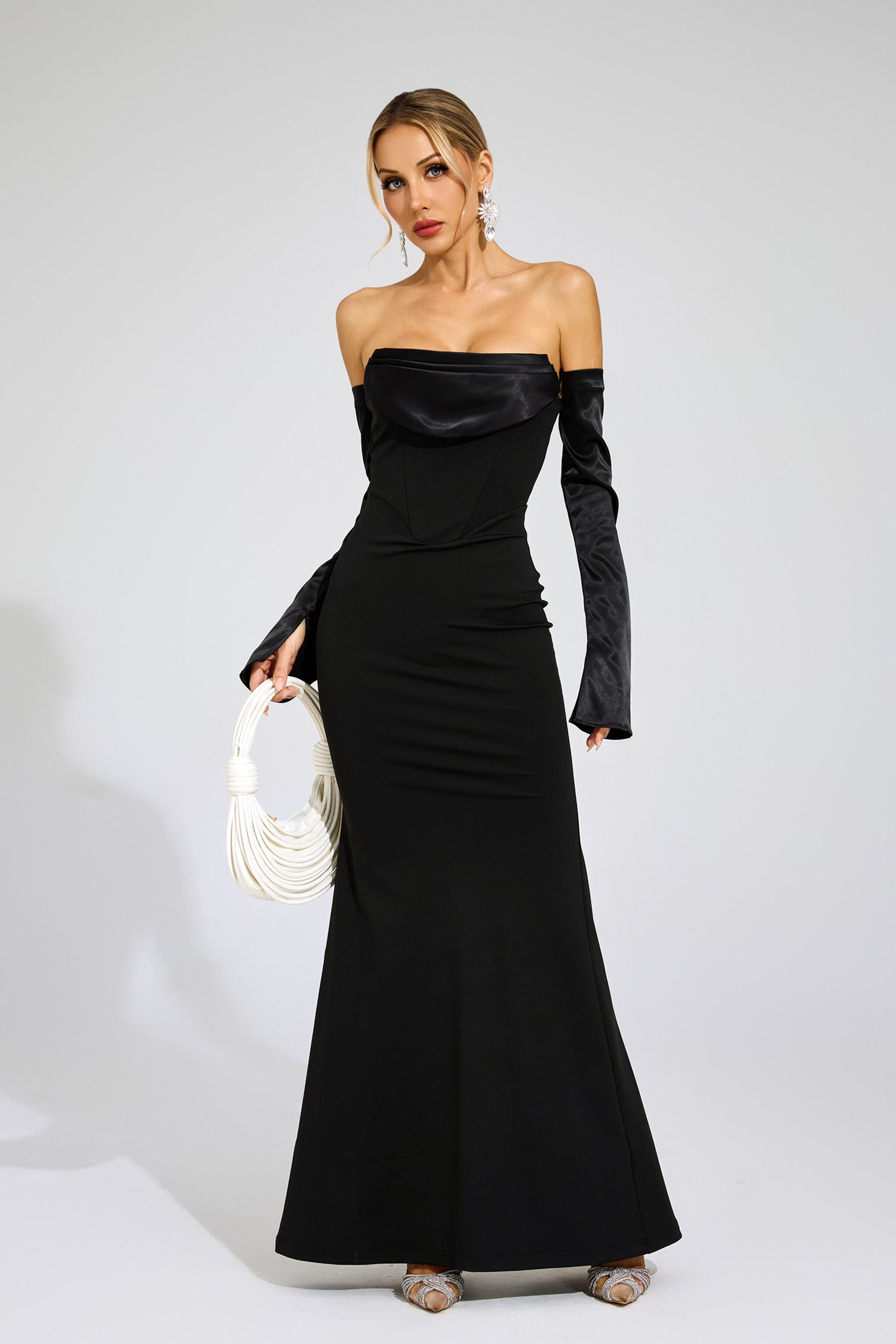 Radka Long Sleeve Strapless Draped Maxi Dress In Black