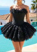 Lizzie Strapless Petal Floral Corset A Line Mini Dress In Black