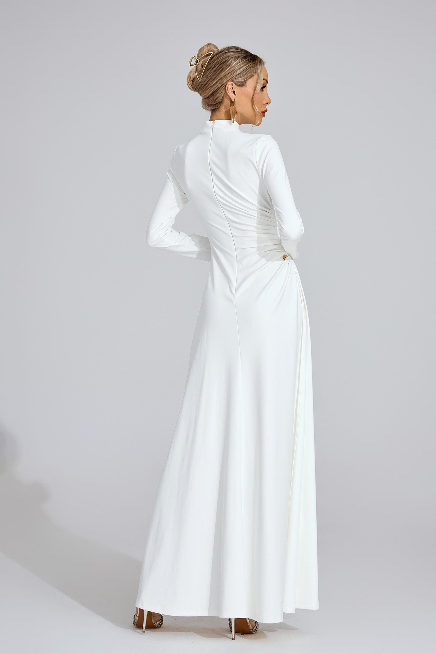 Calyx Long Sleeves Draped Detail Maxi Dress In White