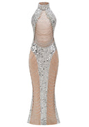 Nebulae Halter Sequin Crystal Backless Maxi Dress In Silver
