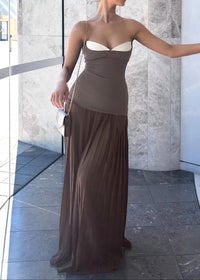 Kazra Strapless Pleated A Line Maxi Dress In Brown